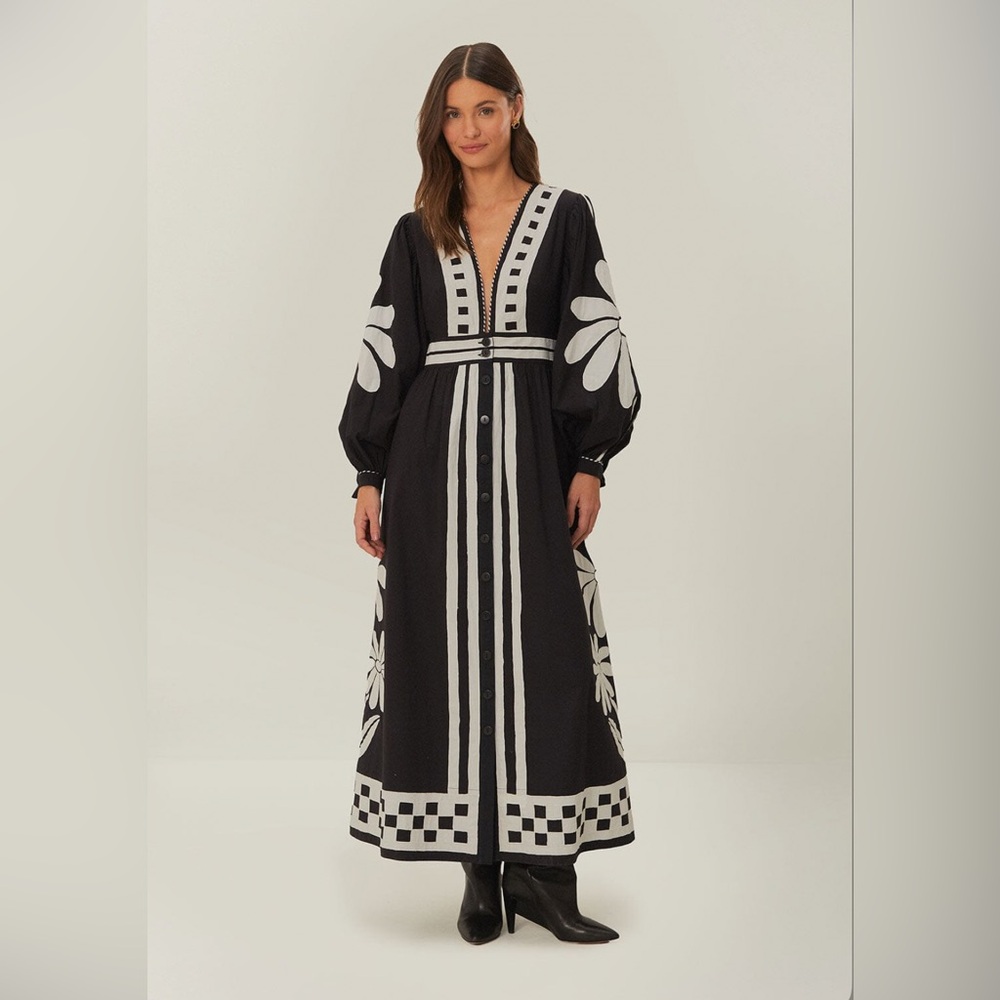 Farm Rio Black Nature Buttoned Maxi Dress